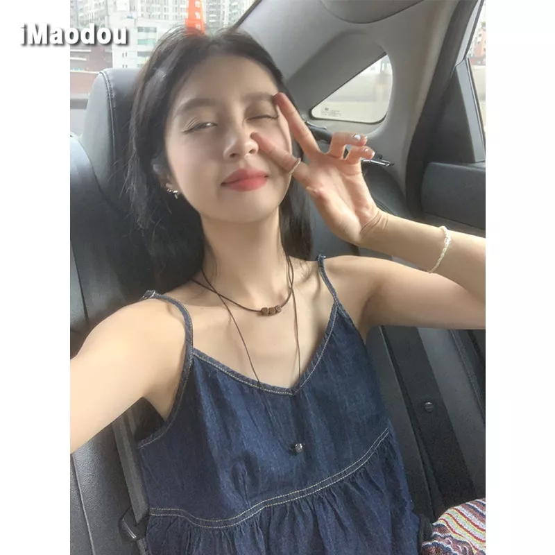 IMAODOU Áo Sơ Mi denim Ngắn Sát Nách Dáng Rộng Xếp Ly Ghép Nối Kiểu retro Pháp Mùa Hè 2023 Cho Nữ