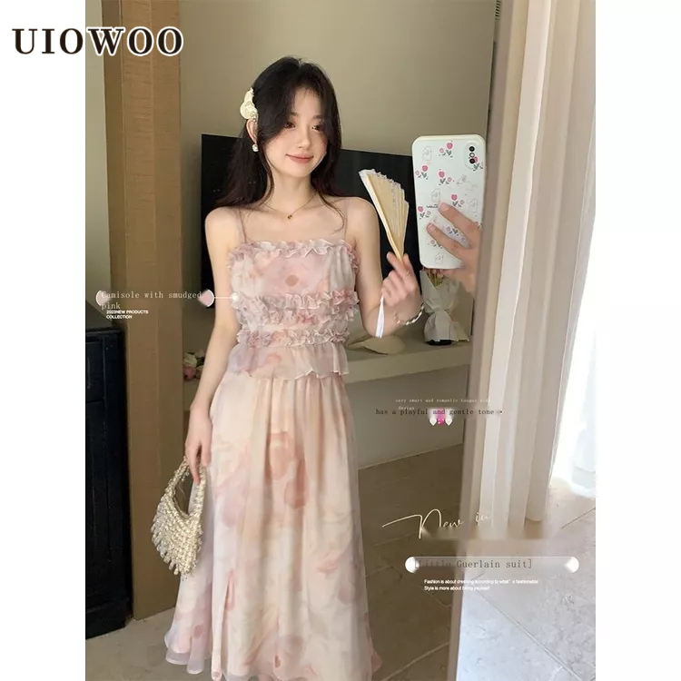 UIOWOO Set Áo Hai Dây Phối Chân Váy Mỏng Thời Trang Mùa Hè Xinh Xắn Cho Nữ