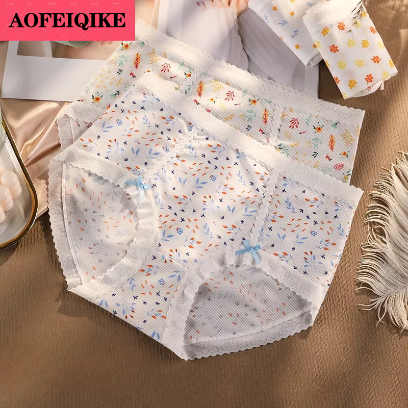 AOFEIQIKE  Quần Lót Cotton Lụa Lưng Cao Kháng Khuẩn Không Để Lại Dấu Vết In Họa Tiết Thời Trang Cho Nữ