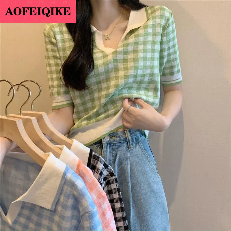 AOFEIQIKE Áo Thun Tay Ngắn Dáng Rộng Họa Tiết Kẻ Sọc Thời Trang Mùa Hè Xinh Xắn Cho Nữ