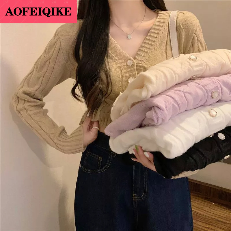 AOFEIQIKE  Áo Khoác Cardigan Dệt Kim Tay Dài Màu Trơn Phong Cách Mới Cho Nữ