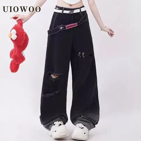 Uiowoo Quần Jean Ống Rộng Rách Gối Màu gradient Phong Cách retro Mỹ Đường Phố Cao Cấp Dành Cho Nữ pa