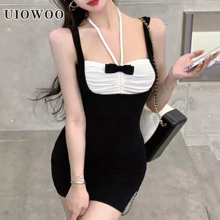 Uiowoo Đầm Giả Hai Lớp Thắt Nơ Eo Màu Đen Mùa Hè Nóng Bỏng Cho Nữ