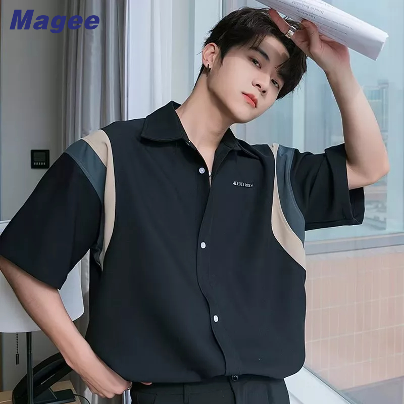 Magee Áo Sơ Mi Ngắn Tay Phối Màu Tương Phản Thời Trang Mùa Hè Hàn Quốc Giản Dị Dành Cho Nam