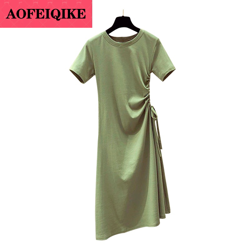 AOFEIQIKE Đầm ngắn tay màu trơn cổ tròn chiết eo phong cách hè 2021 cho nữ