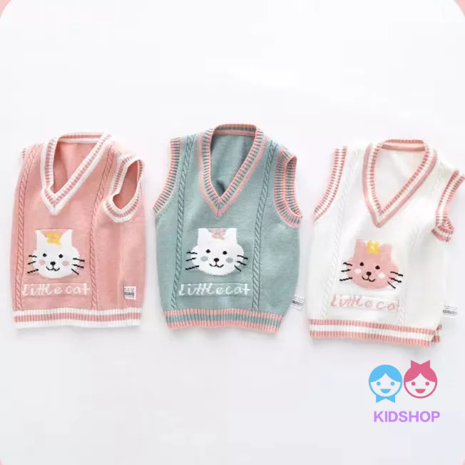 Áo Sweater Dệt Kim Sát Nách Thêu Hình Mèo Dễ Thương Cho Bé Gái