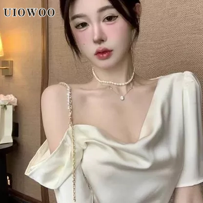UIOWOO  Áo Kiểu Tay Ngắn Hở Vai Phối Dây Xích Thời Trang Phong Cách Pháp Mới Cho Nữ