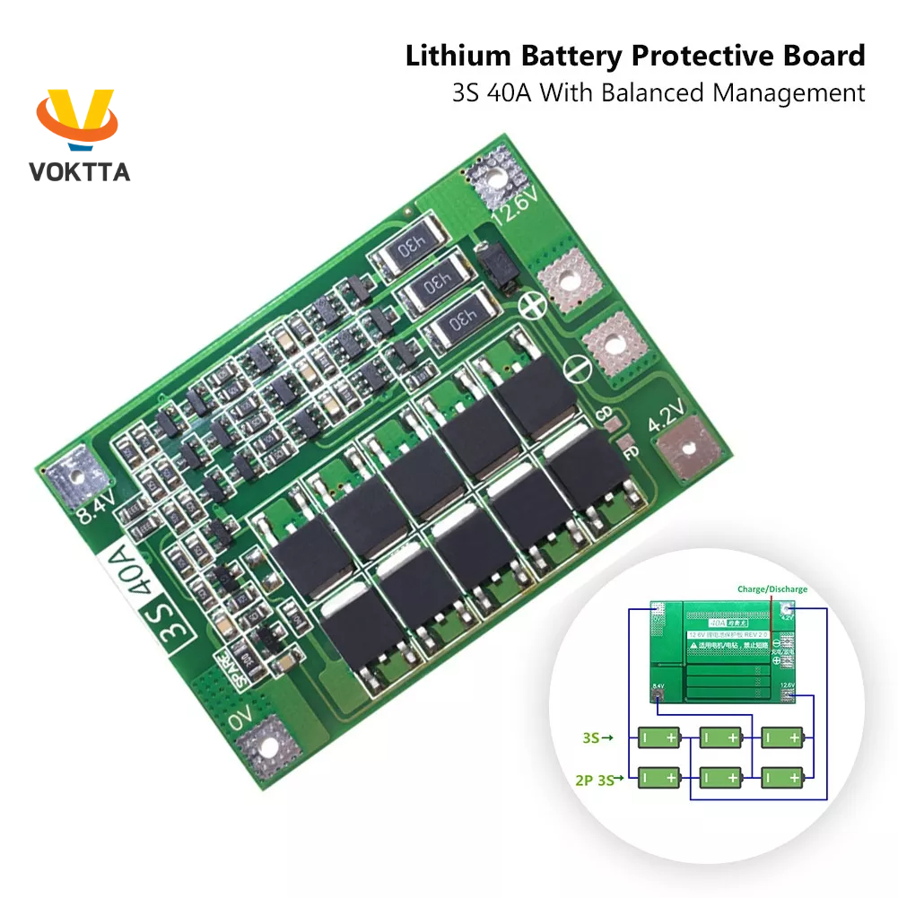 Bảng Mạch Sạc Pin Lithium PCB BMS VOKTTA 3S 40A BMS 11.1V 12.6V 18650 Cân Bằng Bảo Vệ Động Cơ Máy Kh