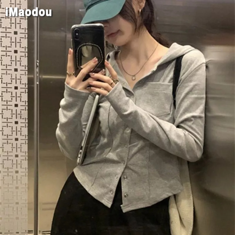IMAODOU Áo Thun Cardigan Tay Dài Có Mũ Trùm Vai Tích Cực Màu Xám Ngọt Ngào Mùa Thu Mới Cho