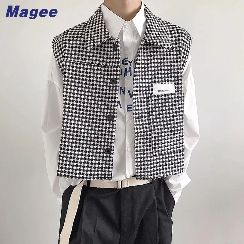 Magee Áo Thun Polo Họa Tiết Caro Trắng Đen Đơn Giản Thời Trang Phong Cách Retro Hàn Quốc Thường Ngày Cao Cấp Cho Nam