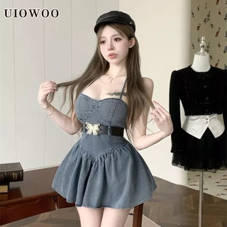 Đầm denim UIOWOO dáng chữ A trễ vai phong cách cổ điển thời trang mùa hè cho nữ