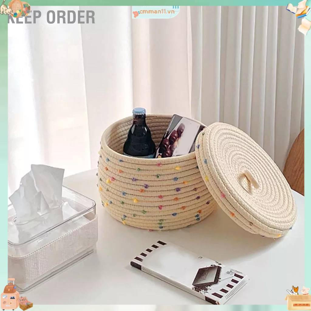 Keep order Giỏ đựng dây thừng bằng vải cotton Hộp lưu trữ hình tròn Chấm trang trí đầy màu sắc Công suất lớn có nắp đậy cho khăn giặt Đồ chơi trứng nhỏ cmman11.vn