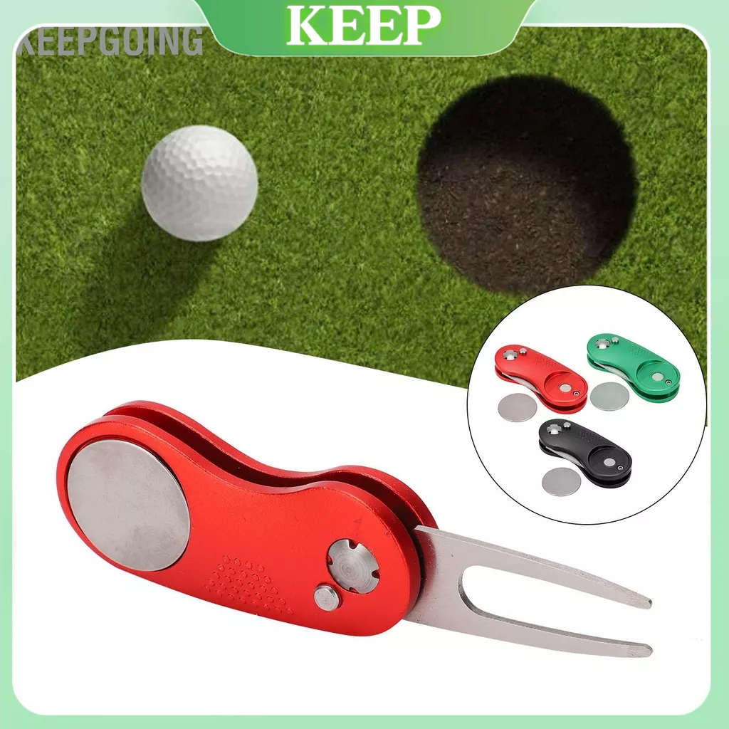 Keepgoing Công cụ sửa chữa Golf Divot Nĩa chơi gôn không gỉ có nút bật lên màu xanh lá cây