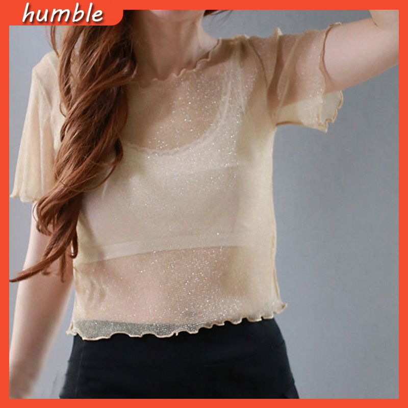 Áo Ống Vải Lưới Tay Ngắn Lấp Lánh Thời Trang Mùa Hè Cho Nữ Áo Croptop Chạy Viền