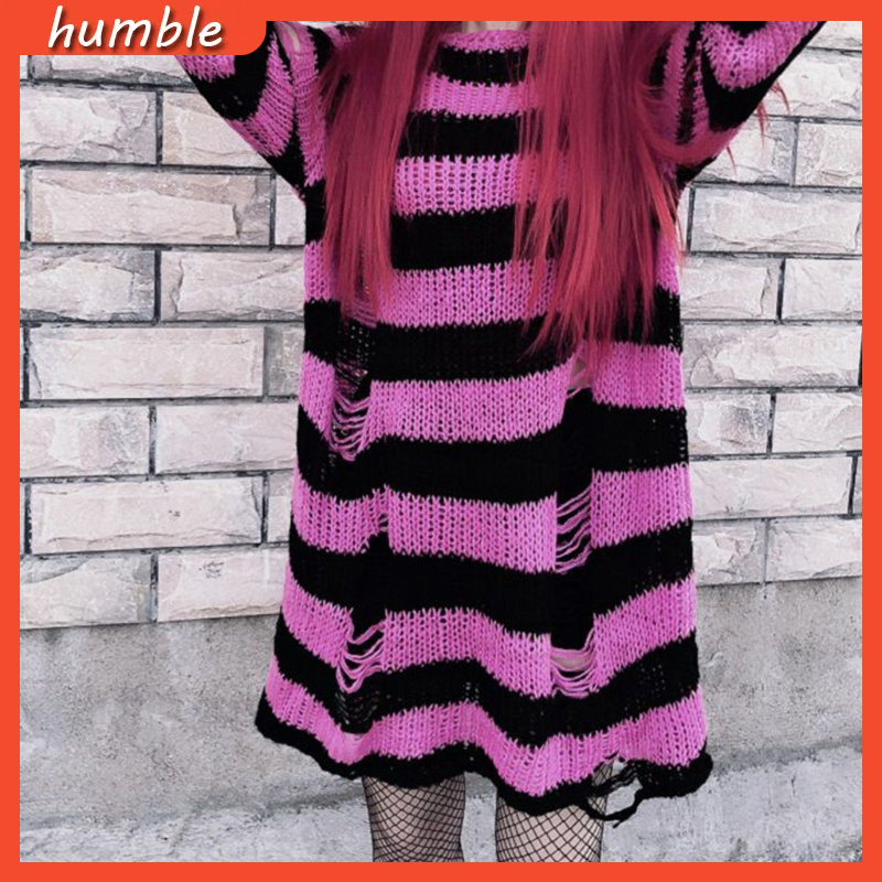 Đầm sweater tay dài họa tiết kẻ sọc thiết kế rách lỗ phong cách gothic Harajuku thời trang cho nữ