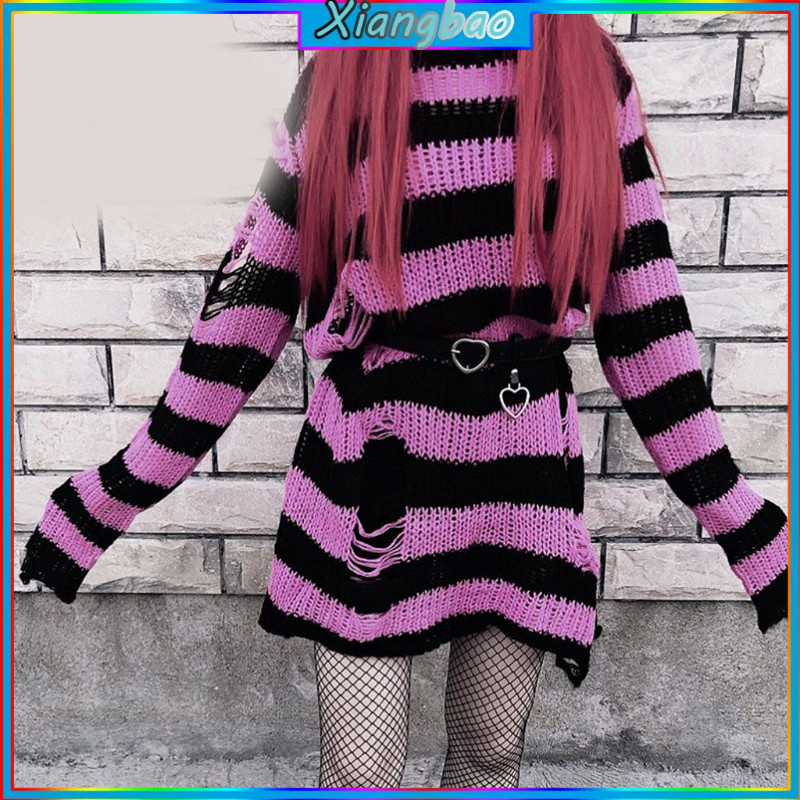 Áo sweater tay dài dáng rộng họa tiết kẻ sọc phong cách gothic punk thời trang cho nữ