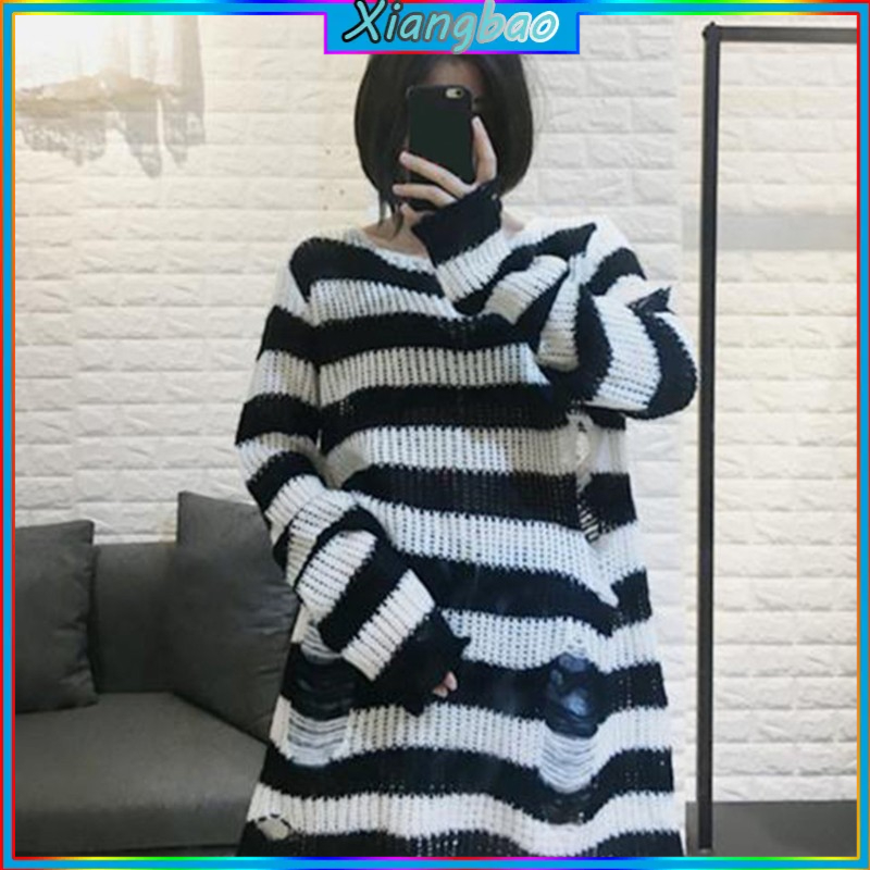 Áo sweater tay dài dáng rộng họa tiết kẻ sọc phong cách gothic punk thời trang cho nữ