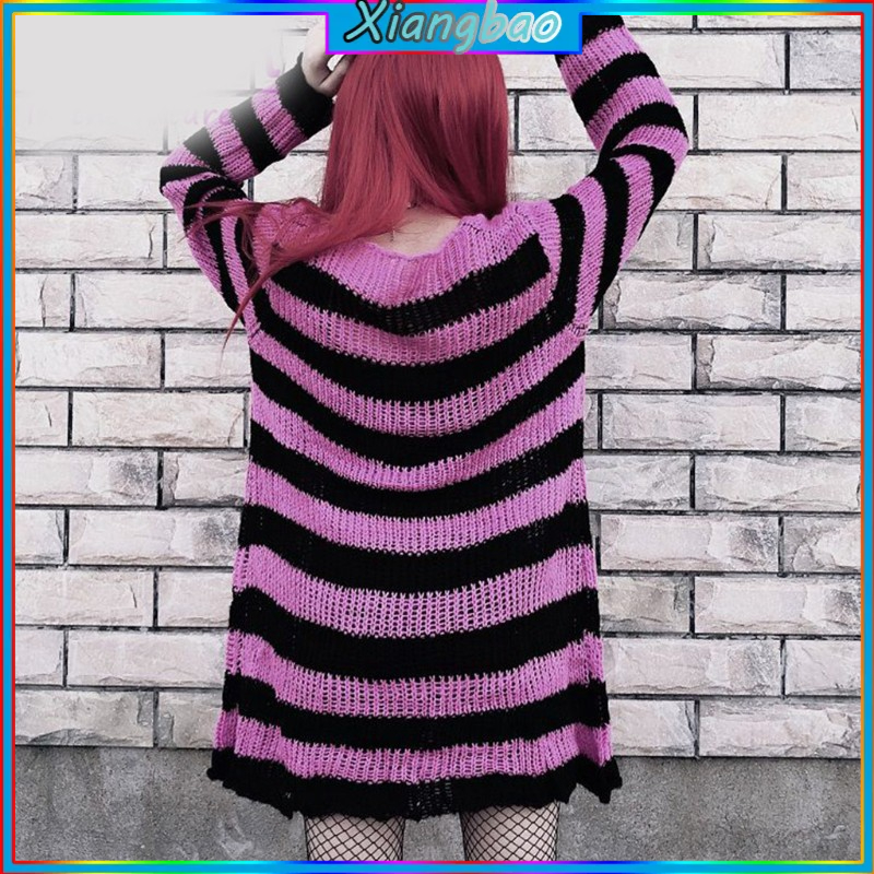 Áo sweater tay dài dáng rộng họa tiết kẻ sọc phong cách gothic punk thời trang cho nữ