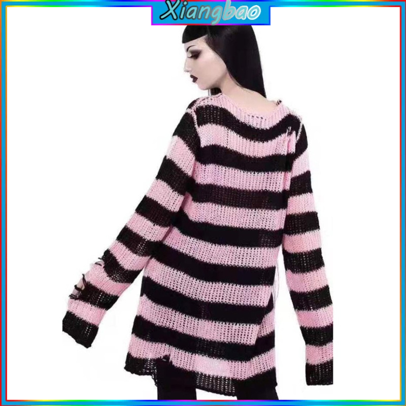 Áo sweater tay dài dáng rộng họa tiết kẻ sọc phong cách gothic punk thời trang cho nữ