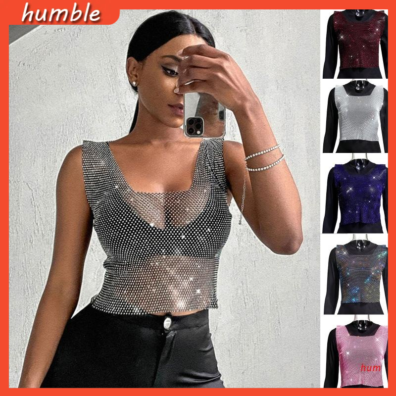 Áo Lưới Croptop Không Tay Thiết Kế Xuyên Thấu Đính Đá Lấp Lánh Thời Trang Đi Biển Quyến Rũ Cho Nữ