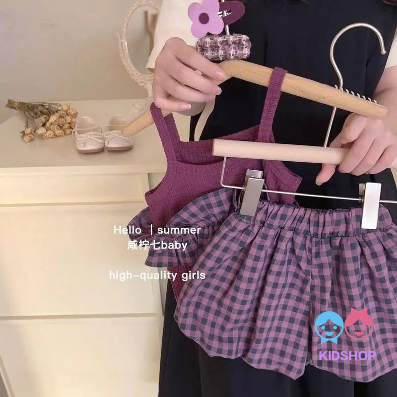 Set Áo Hai Dây Họa Tiết Sọc Caro + Quần Lửng Hoa Thời Trang Mùa Hè Cho Bé Gái