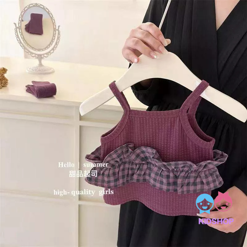 Set Áo Hai Dây Họa Tiết Sọc Caro + Quần Lửng Hoa Thời Trang Mùa Hè Cho Bé Gái