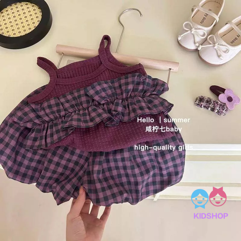 Set Áo Hai Dây Họa Tiết Sọc Caro + Quần Lửng Hoa Thời Trang Mùa Hè Cho Bé Gái