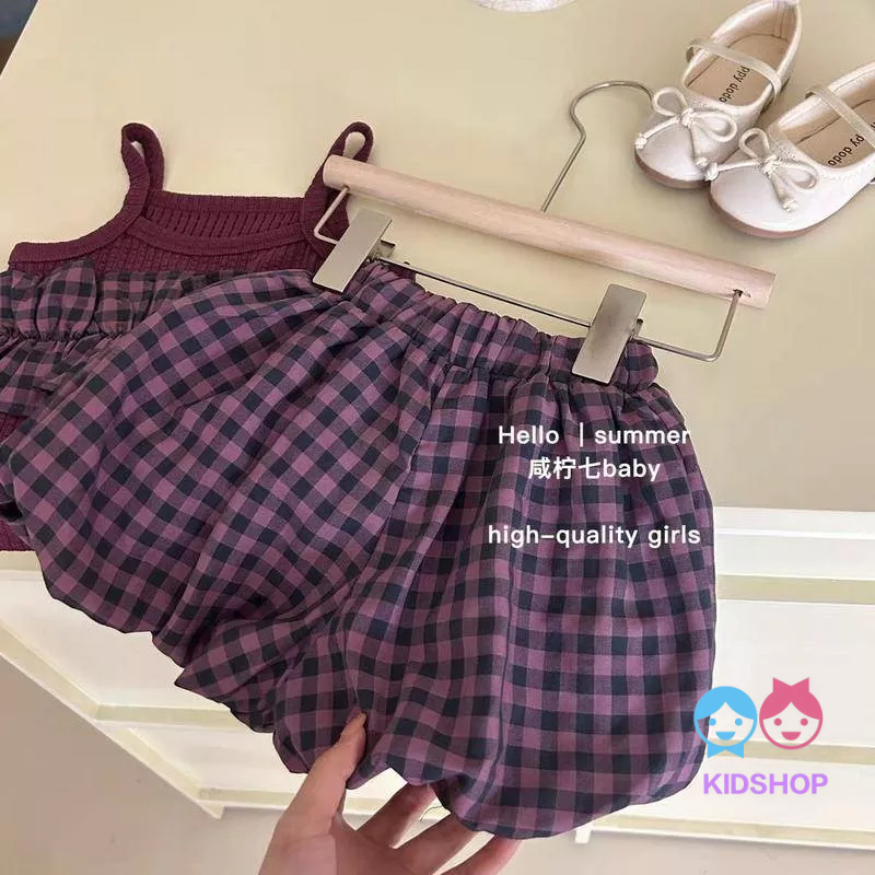Set Áo Hai Dây Họa Tiết Sọc Caro + Quần Lửng Hoa Thời Trang Mùa Hè Cho Bé Gái