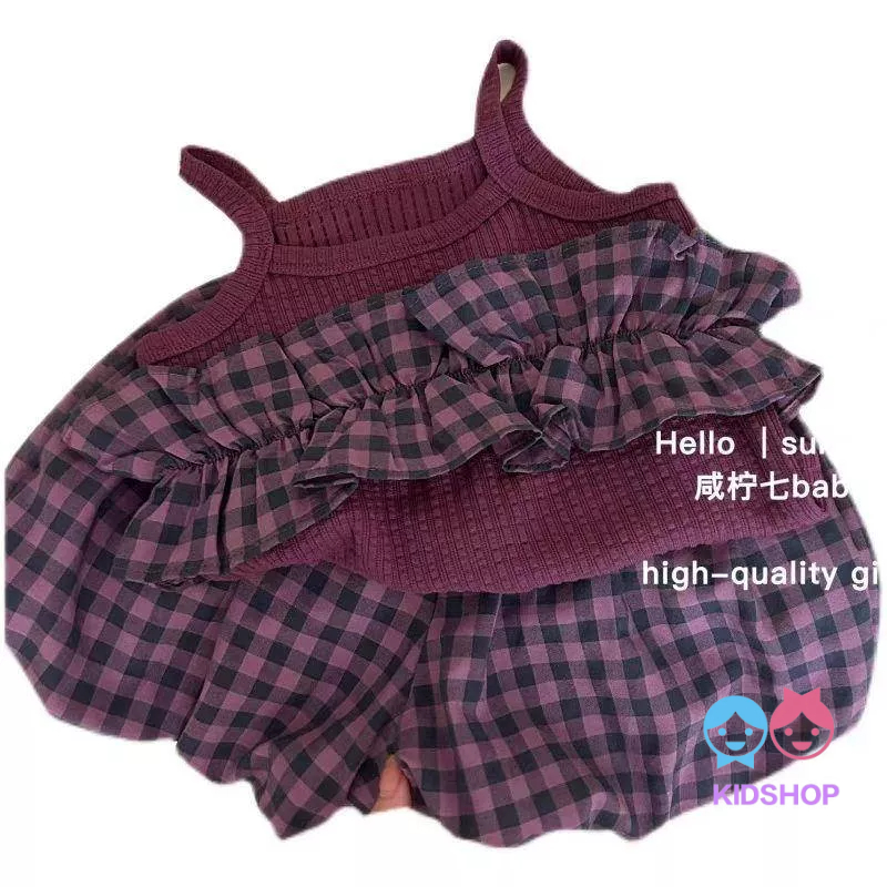 Set Áo Hai Dây Họa Tiết Sọc Caro + Quần Lửng Hoa Thời Trang Mùa Hè Cho Bé Gái