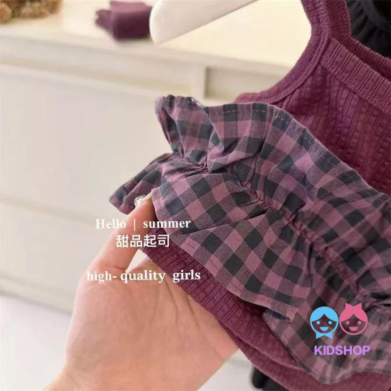 Set Áo Hai Dây Họa Tiết Sọc Caro + Quần Lửng Hoa Thời Trang Mùa Hè Cho Bé Gái