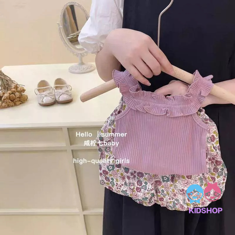 Bộ Đồ Thời Trang Mùa Hè Phối Ren Hoa Tím Hồng Phong Cách Mới Cho Bé Gái