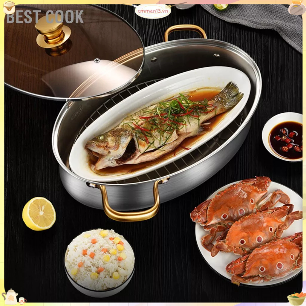 Best cook Nồi Hấp Cá Hình Bầu Dục Bằng Thép Không Gỉ 304 Đa Dụng Cho Hải Sản Có Giá Đỡ Nắp Chảo Sứ cmman13.vn