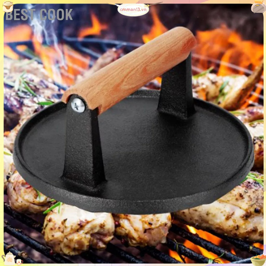 Best cook Mực Ép Kim Loại Tròn Miếng Dán Máy Làm Thịt Dẹt Đĩa Nướng Dụng Cụ Có Tay Cầm Gỗ Cho Dã Ngoại Ngoài Trời