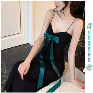 Đầm đi biển Trang trí nơ thời trang mỏng Váy treo màu đen gợi cảm trưởng thành