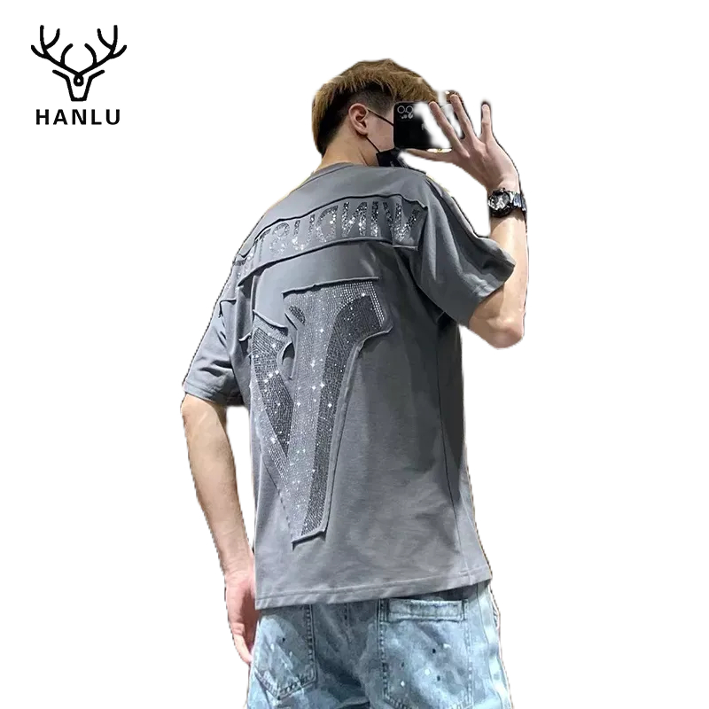 Áo Thun Ngắn Tay Dáng Rộng Đính Đá Thời Trang Cho Nam