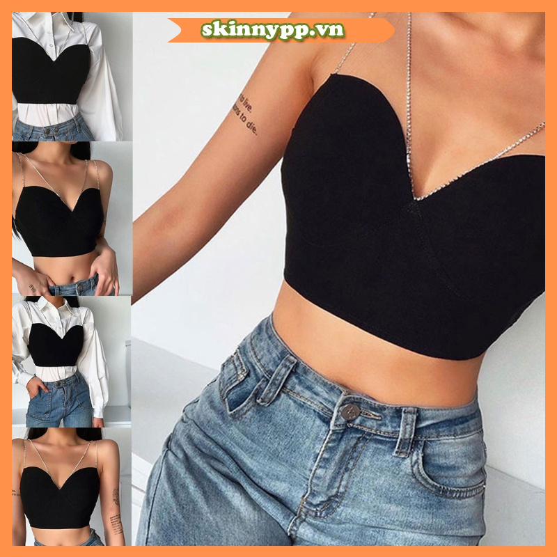 Áo Crop Top Hai Dây Cổ Chữ V Màu Đen Đính Đá Phong Cách Harajuku Thời Trang Mùa Hè Cho Nữ