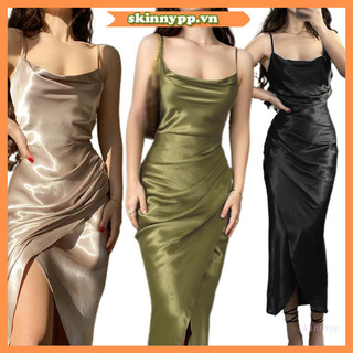Đầm dài hai dây dáng ôm vải satin xẻ tà quyến rũ cho nữ