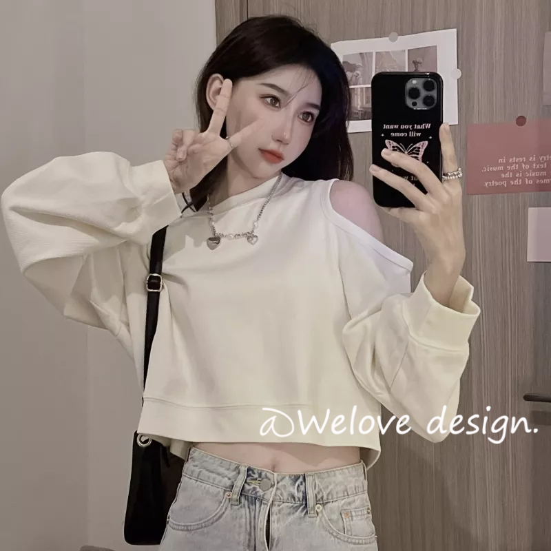 QOEDDV Áo hoodie Dáng Rộng Ngắn Hở Vai Phong Cách Hàn Quốc Thời Trang Mùa Thu Dành Cho Nữ