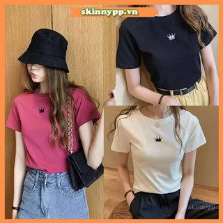 Áo Thun Crop Top Tay Ngắn Cổ Tròn Thêu Họa Tiết Vương Miện Thời Trang Mùa Hè Cho Nữ