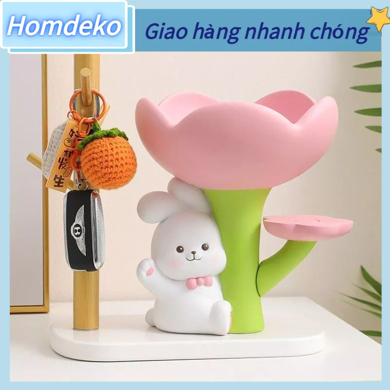 Tượng Thỏ ôm hoa hồng đựng đồ trang trí bàn học, kệ tủ decor nhà cửa phòng khách phòng ngủ Homdeko G.