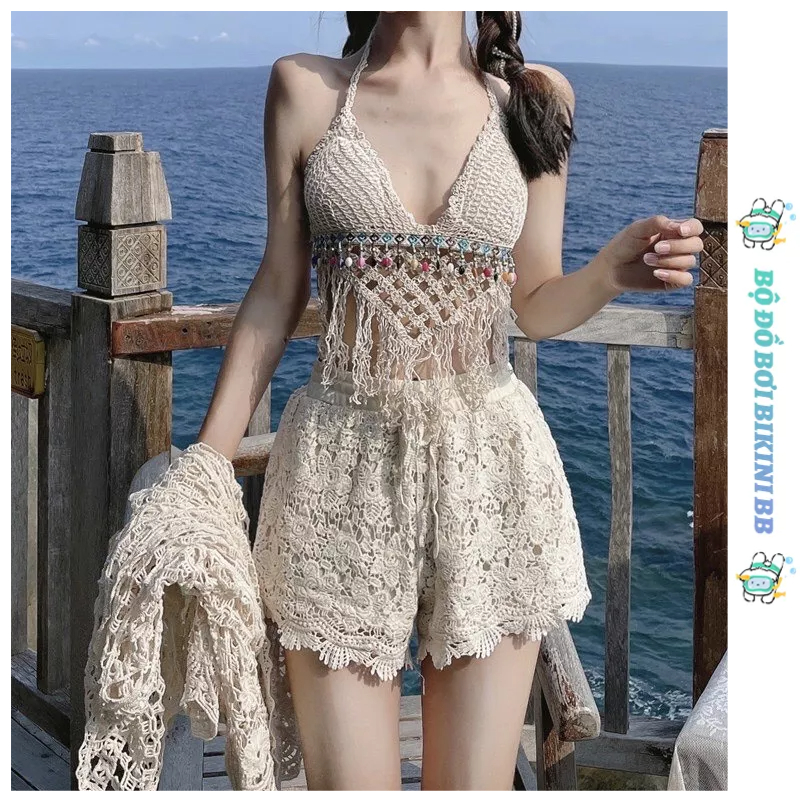 Set Bikini ren Đi Biển 3 Món Áo Bra Đính Hạt Quần Short Khoác Choàng Đi Biển Đồ Bơi croptop XLYZB157