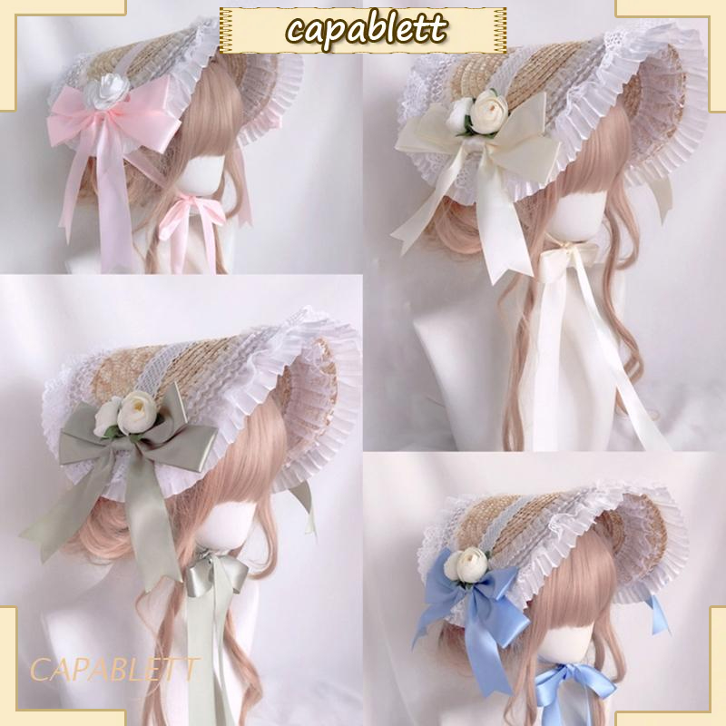 Mũ cói phối dây ruy băng phong cách Lolita cho nữ