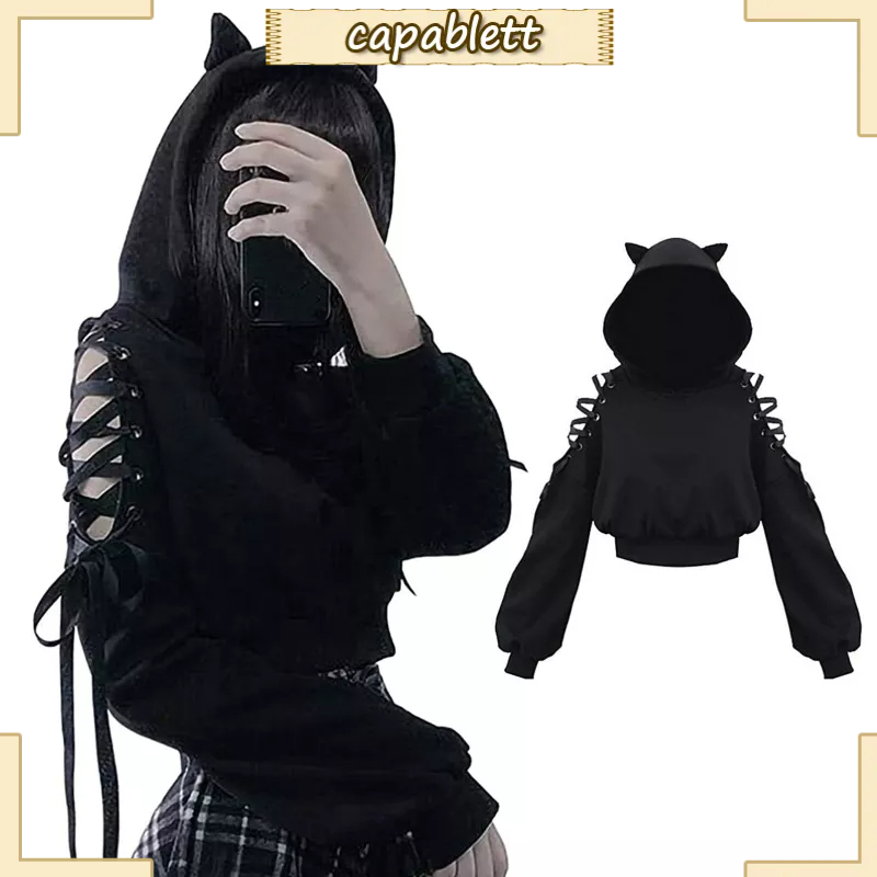 Áo Hoodie Croptop Tay Dài Dáng Rộng Hở Vai Phối Dây Cột Họa Tiết Tai Mèo Dễ Thương Phong Cách Harajuku Dành Cho Bạn Nữ