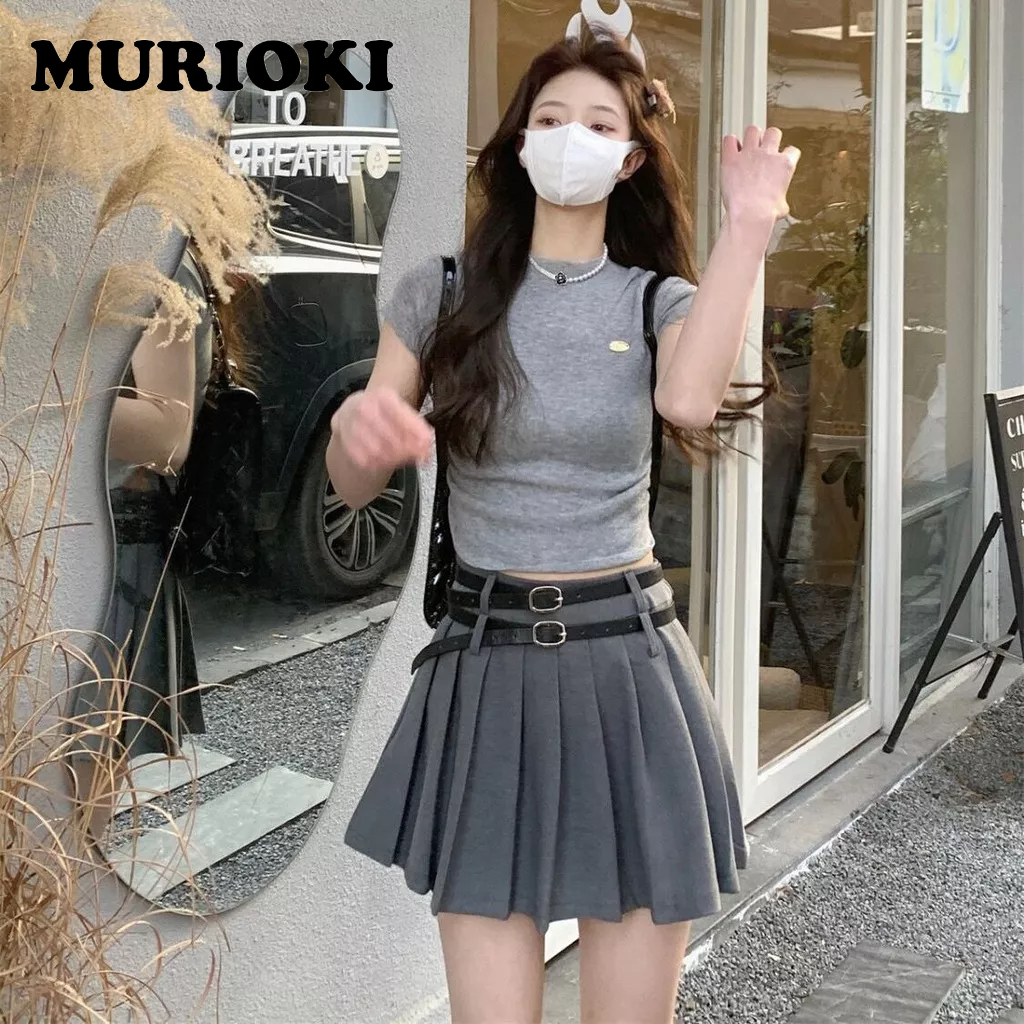 Set Áo Croptop + Chân Váy mini Màu Xám Phong Cách Hàn Quốc 2023 Y2K