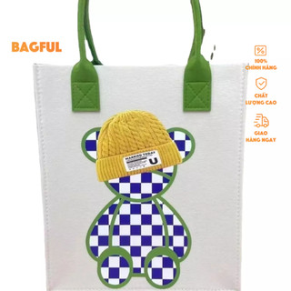 BAGFUL Túi Xách Tay Bằng Vải Nỉ In Hình Gấu Màu Tương Phản Phong Cách Mới Dễ Phối Đồ