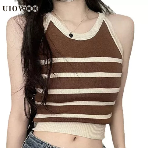 Uiowoo Áo crop top Dệt Kim Hai Dây Kẻ Sọc Màu Trơn Phong Cách retro Hàn Quốc Thời Trang Mùa Hè Nóng Bỏng Dành Cho Bạn Gái
