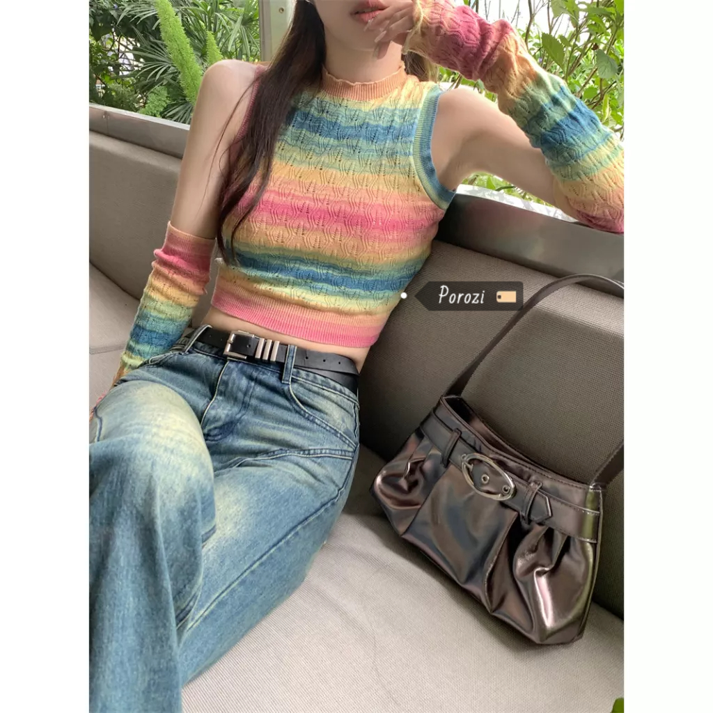 Porozi Thời trang hàn quốc mới của phụ nữ cầu vồng gradient dệt kim tank top với tay áo mùa hè áo ngắn vừa vặn