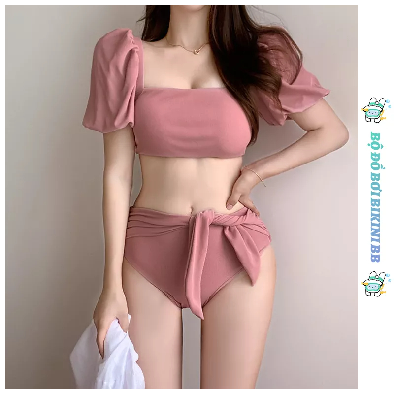 Bộ Đồ Bơi Tay Phồng Thắt Nơ Eo Cao Màu Hồng Phong Cách Hàn Quốc Mới XLYZB061