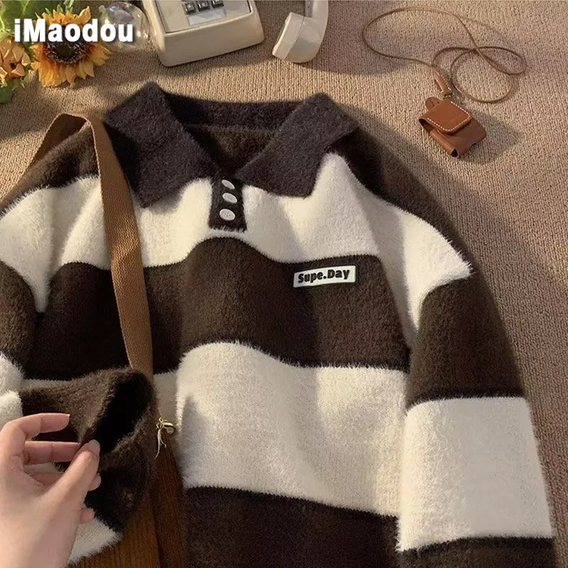 iMaodou Áo Sweater Dệt Kim Dày Cổ POLO Kẻ Sọc Phong Cách Preppy Nhật Bản Thu Đông Dành Cho Nam