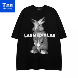 Áo thun nam unisex TEESHARKBUY 100% cotton màu đen/ trắng dáng rộng hình thỏ size lớn M-3XL